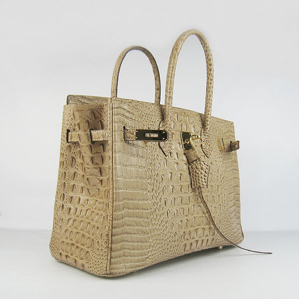 High Quality Fake Hermes Birkin 35CM Crocodile Head Veins Leather Bag Apricot 6089